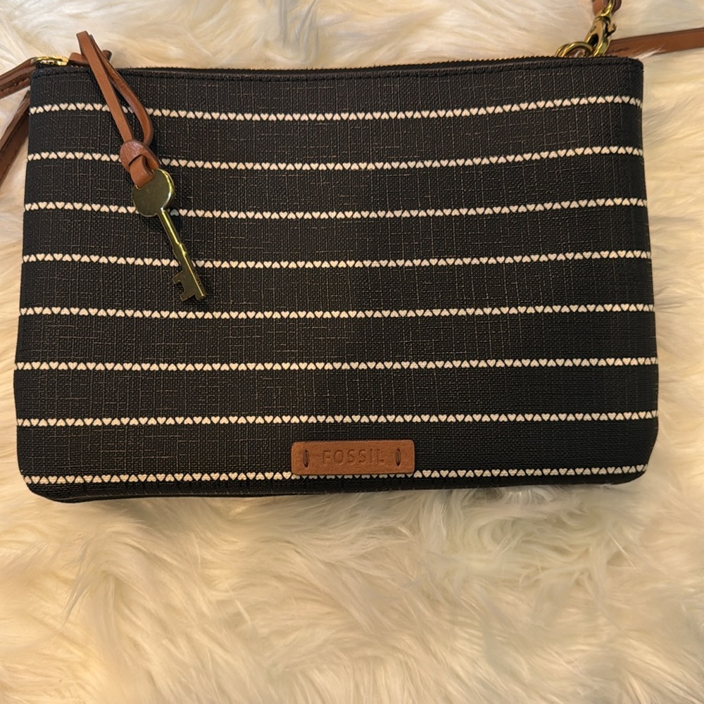 Fossil Devon Crossbody Bag Black and White Striped - Picture 2 of 10